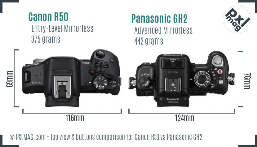Canon R50 vs Panasonic GH2 top view buttons comparison