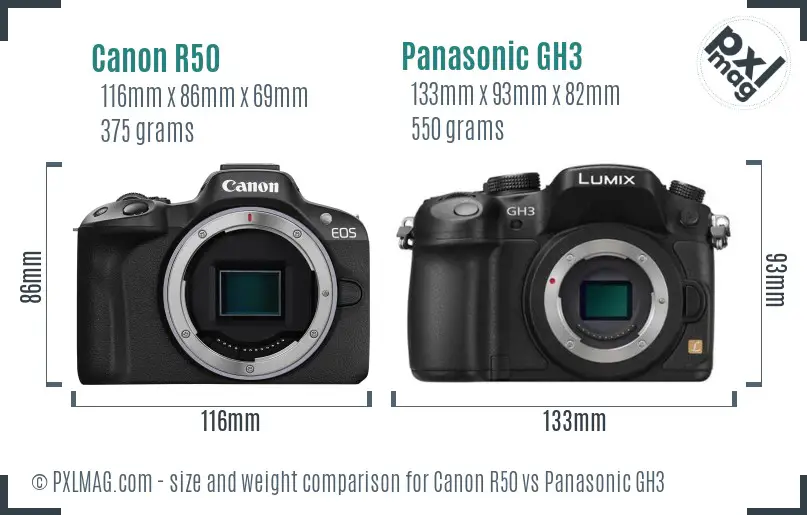 Canon R50 vs Panasonic GH3 size comparison