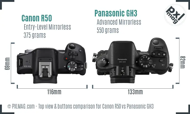 Canon R50 vs Panasonic GH3 top view buttons comparison