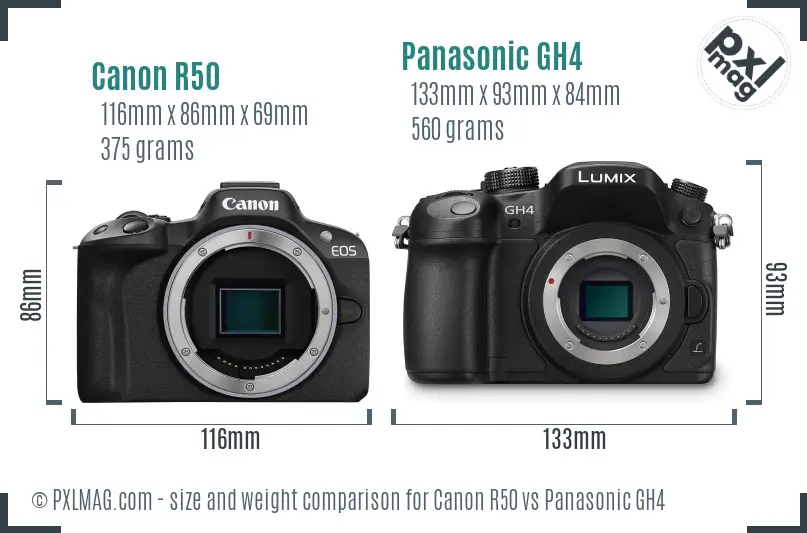 Canon R50 vs Panasonic GH4 size comparison Canon R50 vs Panasonic GH4 size comparison