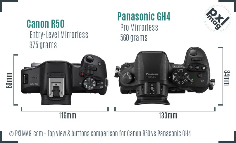 Canon R50 vs Panasonic GH4 top view buttons comparison