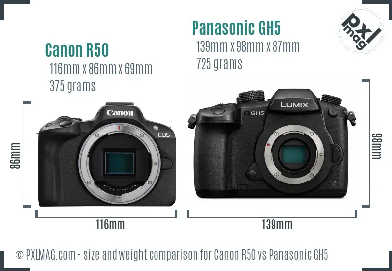 Canon R50 vs Panasonic GH5 size comparison Canon R50 vs Panasonic GH5 size comparison