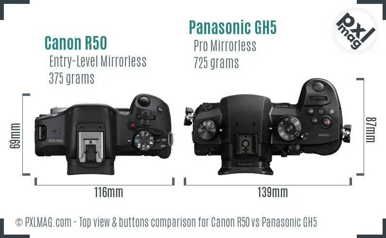 Canon R50 vs Panasonic GH5 top view buttons comparison Canon R50 vs Panasonic GH5 top view buttons comparison