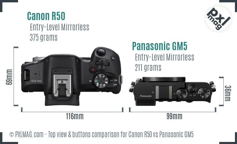 Canon R50 vs Panasonic GM5 top view buttons comparison