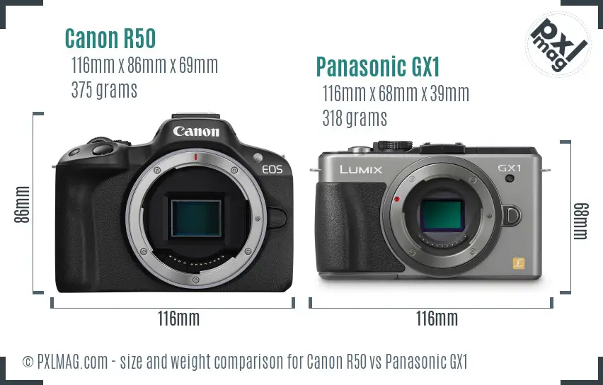 Canon R50 vs Panasonic GX1 size comparison