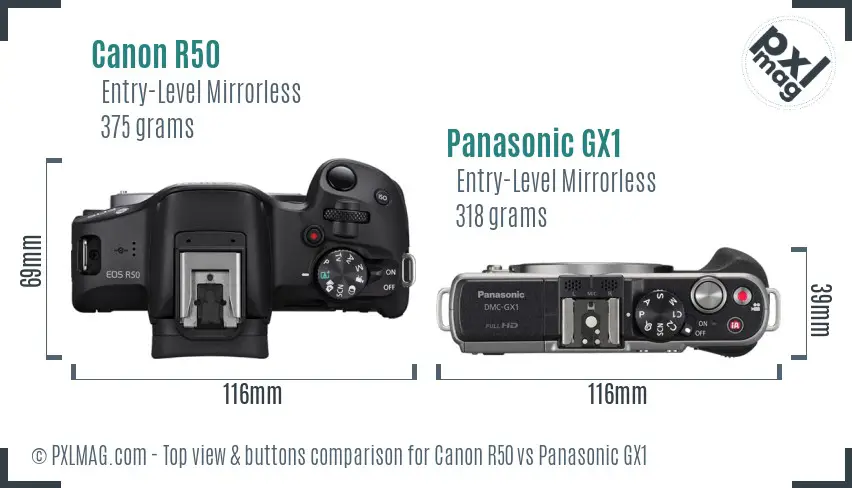 Canon R50 vs Panasonic GX1 top view buttons comparison