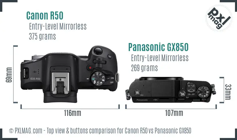 Canon R50 vs Panasonic GX850 top view buttons comparison