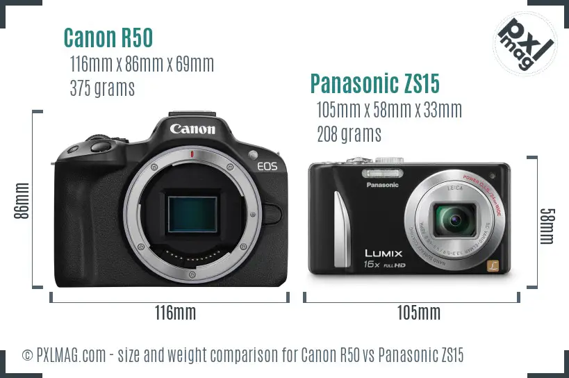 Canon R50 vs Panasonic ZS15 size comparison Canon R50 vs Panasonic ZS15 size comparison
