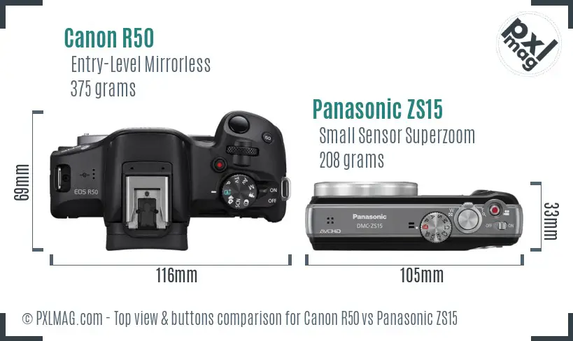 Canon R50 vs Panasonic ZS15 top view buttons comparison Canon R50 vs Panasonic ZS15 top view buttons comparison