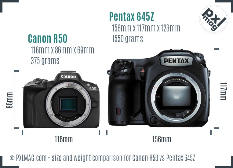 Canon R50 vs Pentax 645Z size comparison