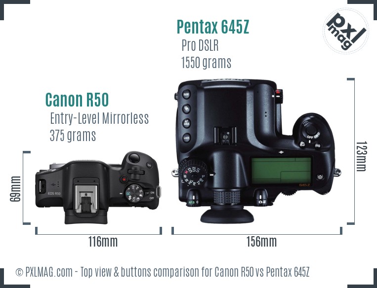 Canon R50 vs Pentax 645Z top view buttons comparison