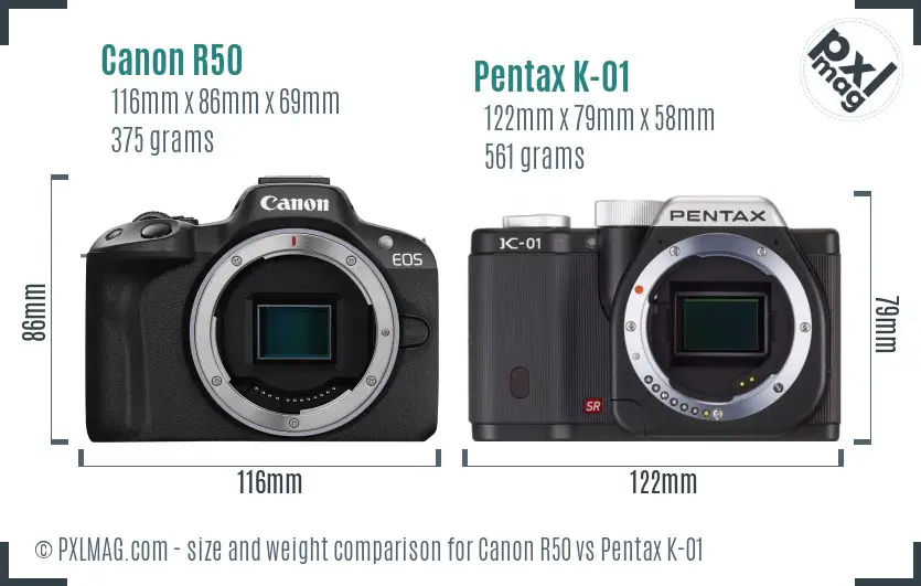 Canon R50 vs Pentax K-01 size comparison