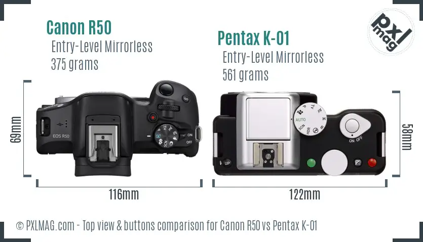 Canon R50 vs Pentax K-01 top view buttons comparison