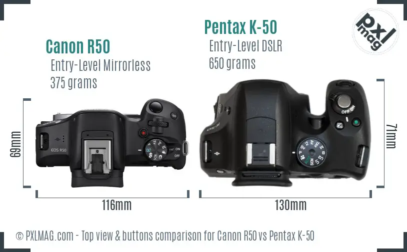 Canon R50 vs Pentax K-50 top view buttons comparison Canon R50 vs Pentax K-50 top view buttons comparison