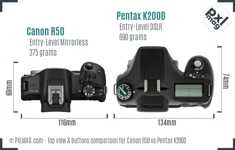 Canon R50 vs Pentax K200D top view buttons comparison Canon R50 vs Pentax K200D top view buttons comparison