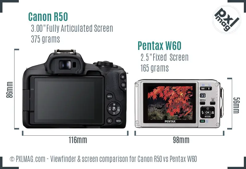 Canon R50 vs Pentax W60 Screen and Viewfinder comparison Canon R50 vs Pentax W60 Screen and Viewfinder comparison