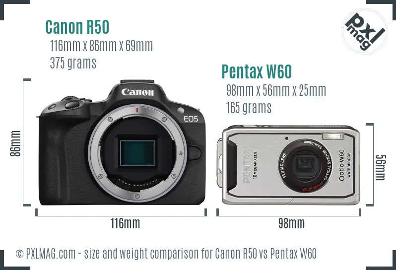 Canon R50 vs Pentax W60 size comparison Canon R50 vs Pentax W60 size comparison