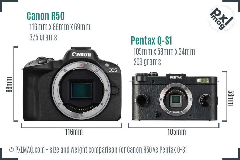 Canon R50 vs Pentax Q-S1 size comparison