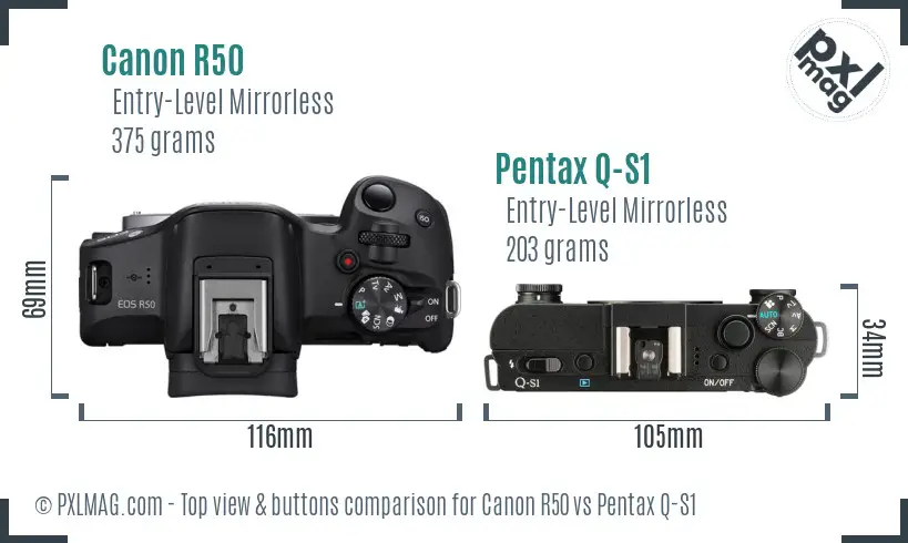 Canon R50 vs Pentax Q-S1 top view buttons comparison