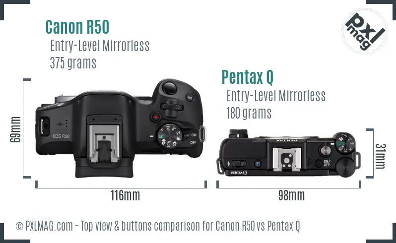Canon R50 vs Pentax Q top view buttons comparison