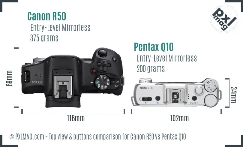 Canon R50 vs Pentax Q10 top view buttons comparison