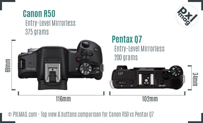 Canon R50 vs Pentax Q7 top view buttons comparison