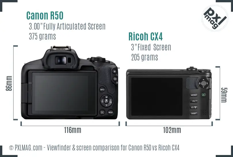Canon R50 vs Ricoh CX4 Screen and Viewfinder comparison Canon R50 vs Ricoh CX4 Screen and Viewfinder comparison