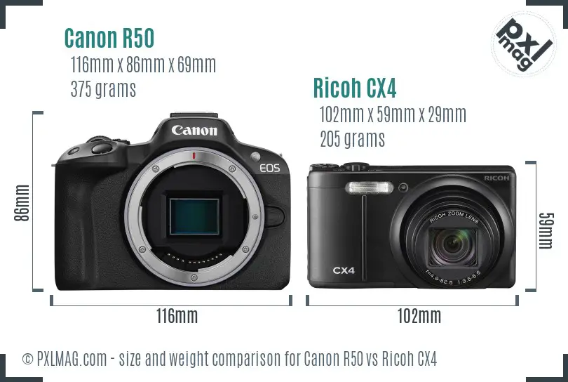 Canon R50 vs Ricoh CX4 size comparison Canon R50 vs Ricoh CX4 size comparison