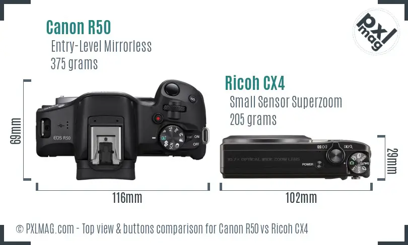 Canon R50 vs Ricoh CX4 top view buttons comparison Canon R50 vs Ricoh CX4 top view buttons comparison
