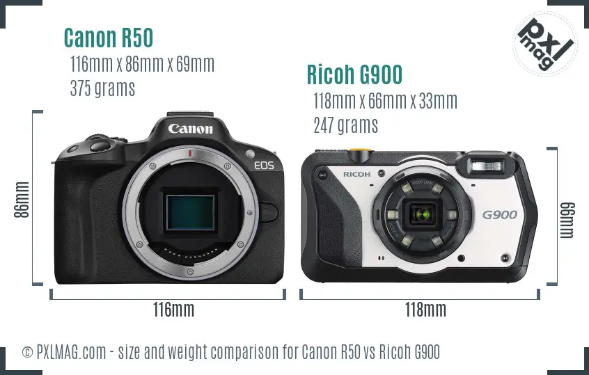 Canon R50 vs Ricoh G900 size comparison Canon R50 vs Ricoh G900 size comparison