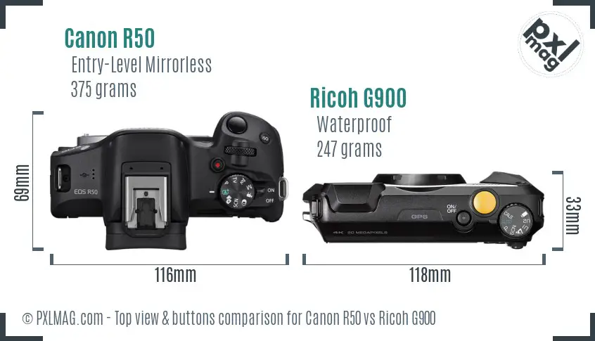 Canon R50 vs Ricoh G900 top view buttons comparison Canon R50 vs Ricoh G900 top view buttons comparison
