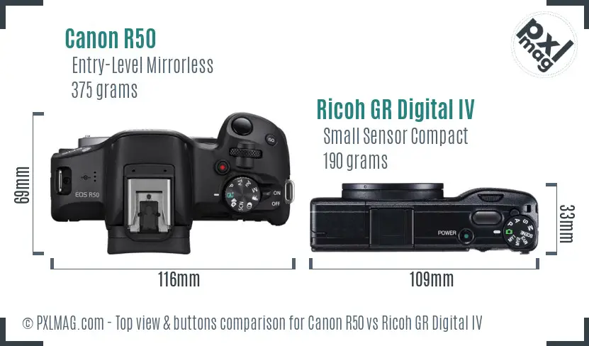 Canon R50 vs Ricoh GR Digital IV top view buttons comparison