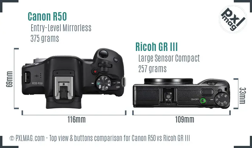 Canon R50 vs Ricoh GR III top view buttons comparison Canon R50 vs Ricoh GR III top view buttons comparison