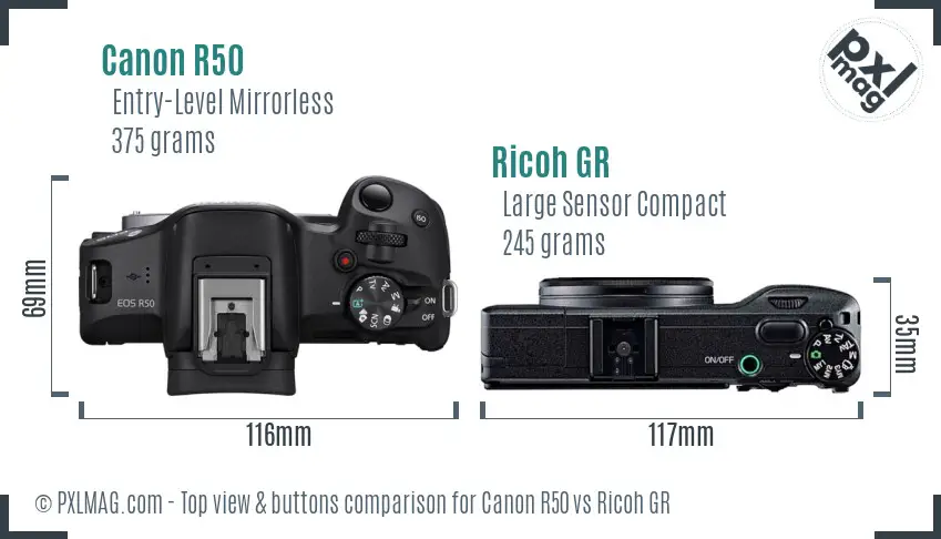 Canon R50 vs Ricoh GR top view buttons comparison Canon R50 vs Ricoh GR top view buttons comparison