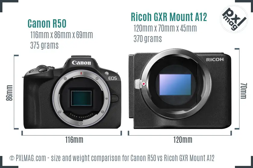 Canon R50 vs Ricoh GXR Mount A12 size comparison