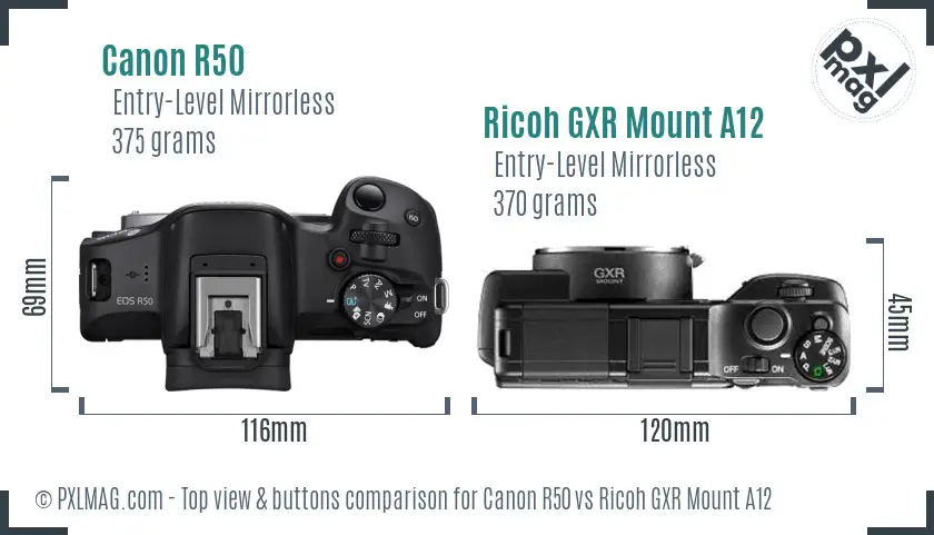 Canon R50 vs Ricoh GXR Mount A12 top view buttons comparison