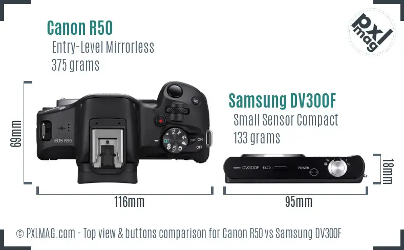 Canon R50 vs Samsung DV300F top view buttons comparison Canon R50 vs Samsung DV300F top view buttons comparison
