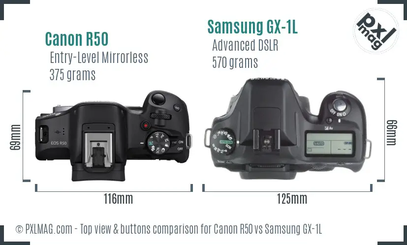 Canon R50 vs Samsung GX-1L top view buttons comparison Canon R50 vs Samsung GX-1L top view buttons comparison