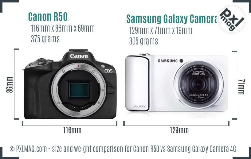 Canon R50 vs Samsung Galaxy Camera 4G size comparison Canon R50 vs Samsung Galaxy Camera 4G size comparison