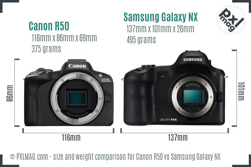 Canon R50 vs Samsung Galaxy NX size comparison