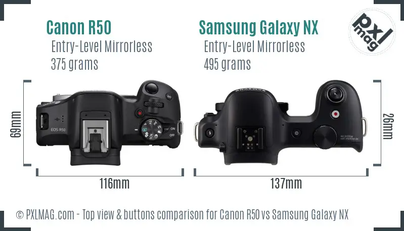 Canon R50 vs Samsung Galaxy NX top view buttons comparison