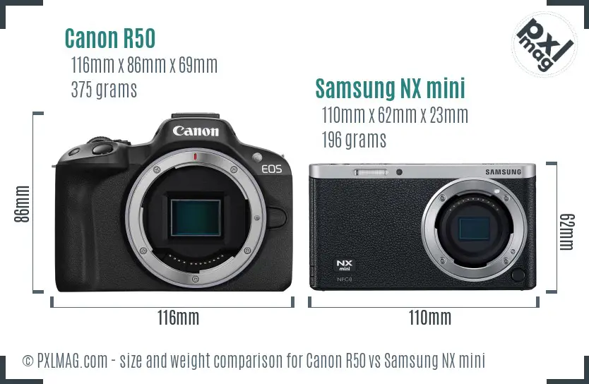 Canon R50 vs Samsung NX mini size comparison