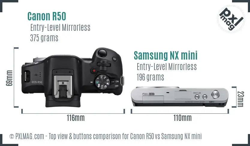 Canon R50 vs Samsung NX mini top view buttons comparison