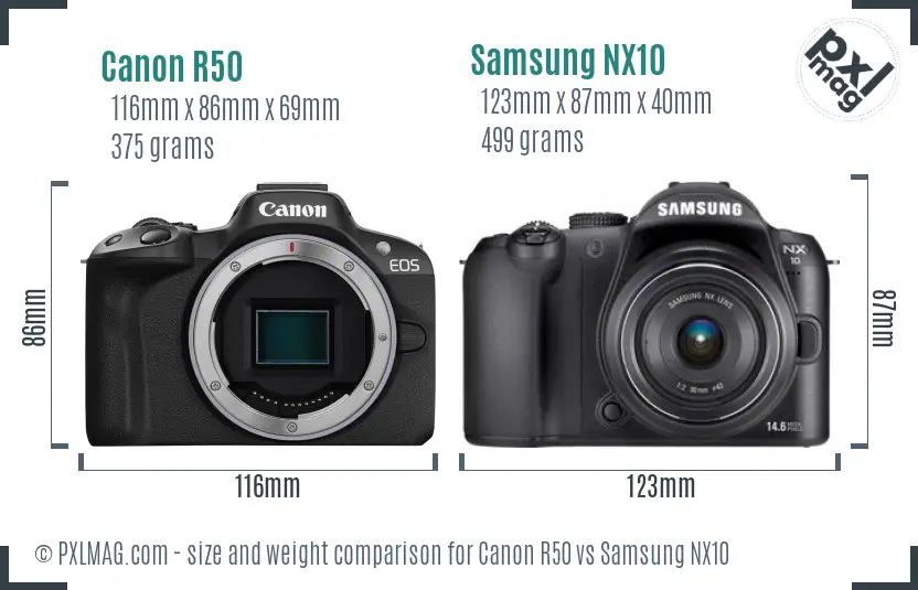 Canon R50 vs Samsung NX10 size comparison