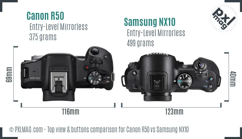 Canon R50 vs Samsung NX10 top view buttons comparison