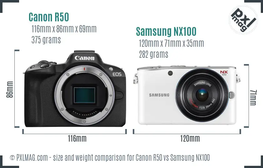 Canon R50 vs Samsung NX100 size comparison