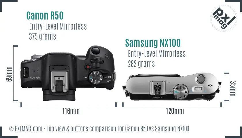 Canon R50 vs Samsung NX100 top view buttons comparison