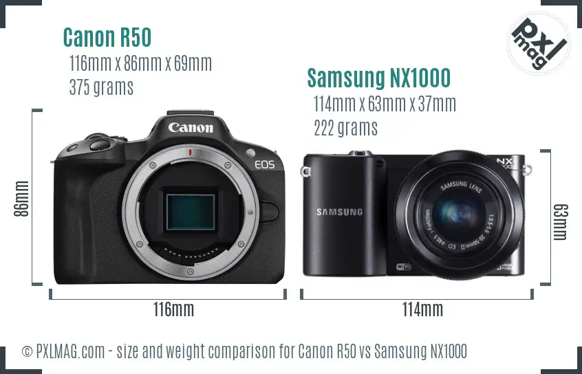 Canon R50 vs Samsung NX1000 size comparison