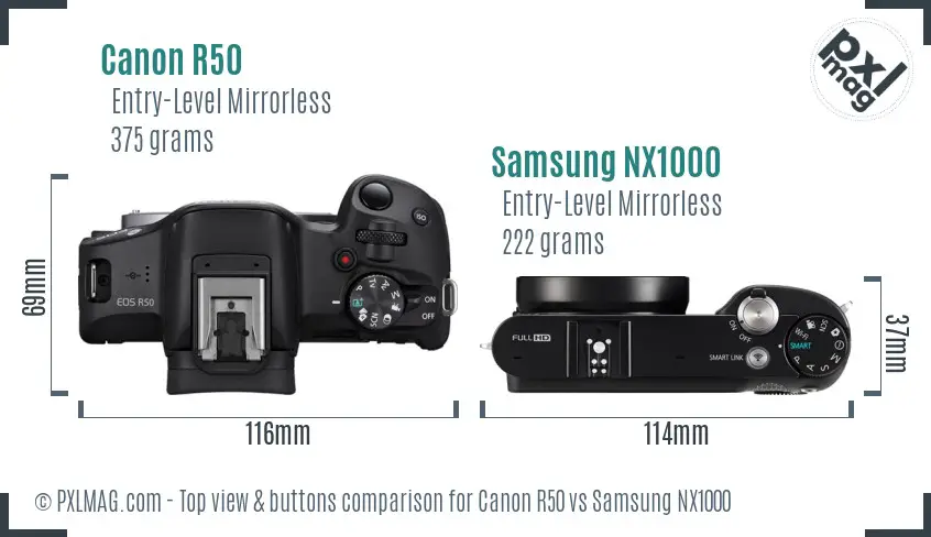 Canon R50 vs Samsung NX1000 top view buttons comparison
