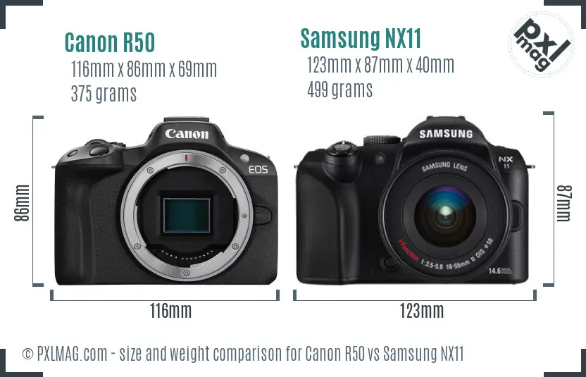 Canon R50 vs Samsung NX11 size comparison